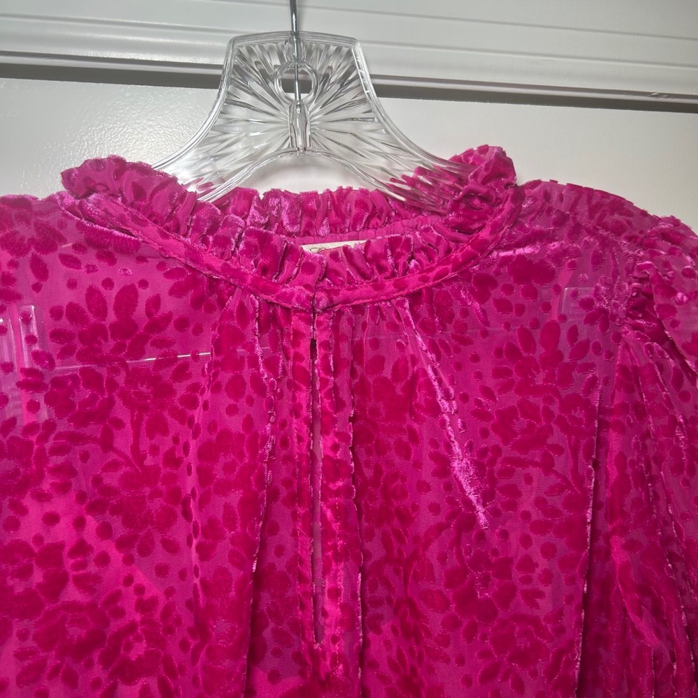 Shoshanna Magenta Pink Burnout Velvet Ruffle Mini Dress 8 Smocked Waist party - Picture 4 of 9